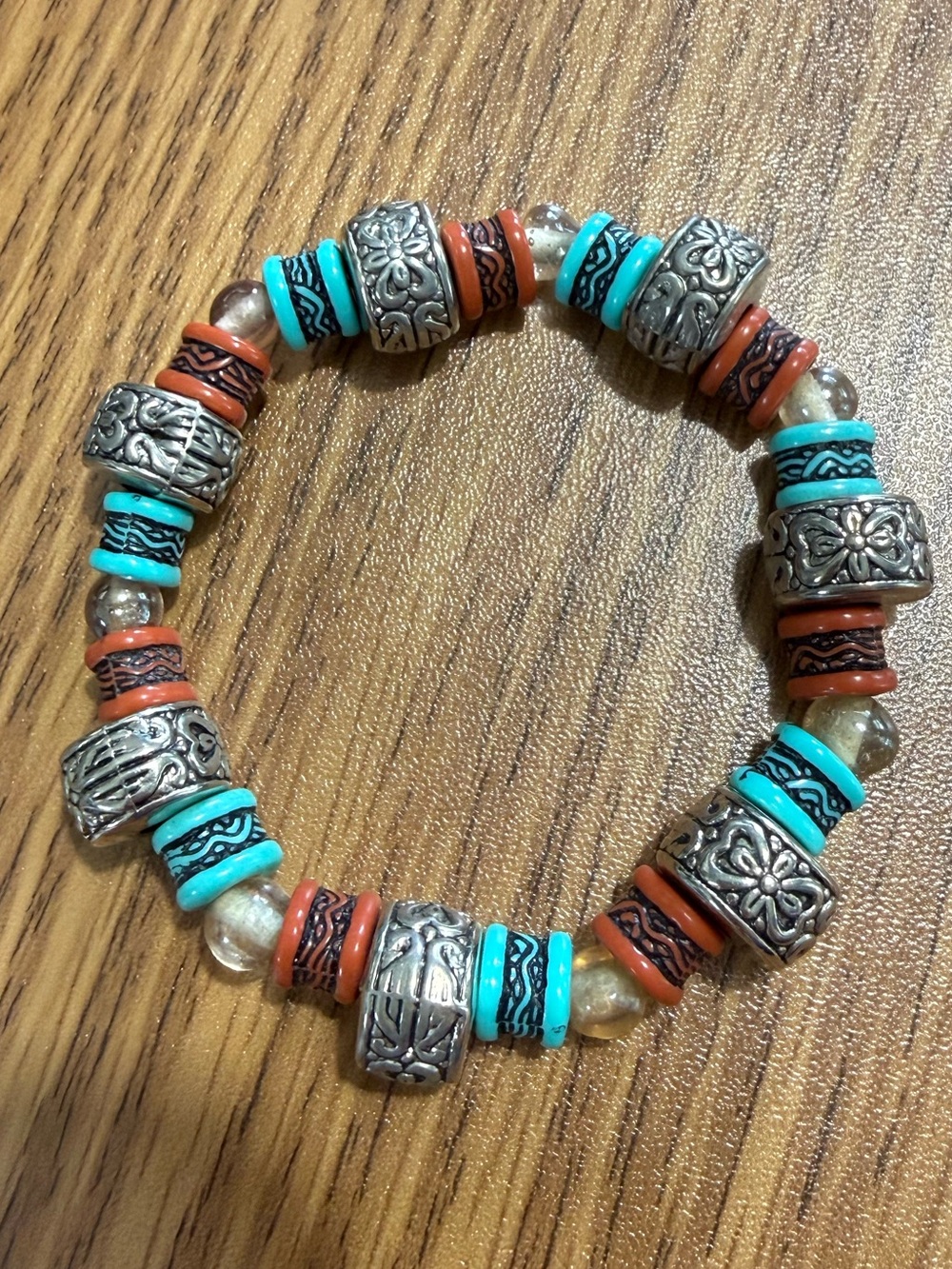 Boho Bracelet Elastic Stretch 4 Beads - Silver, Red, Turquoise, Clear